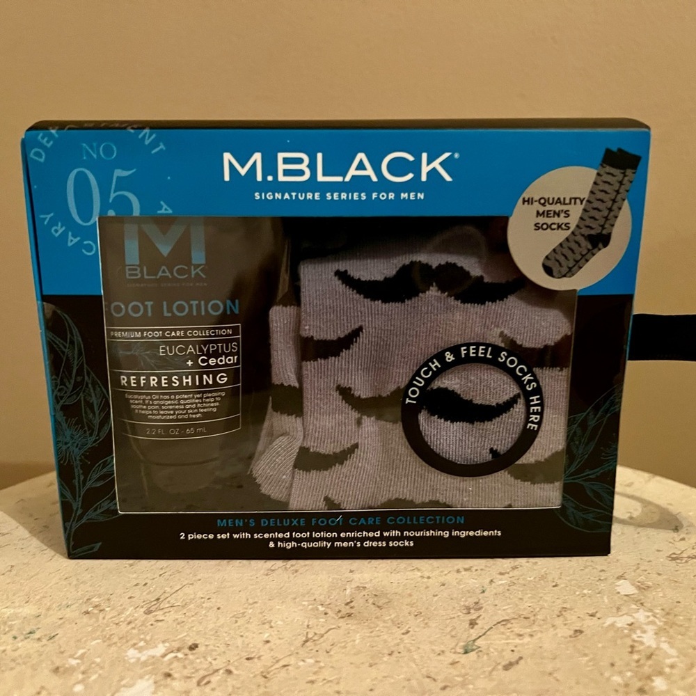 M. Black Gray Mustache Men's Socks & Foot Lotion Set